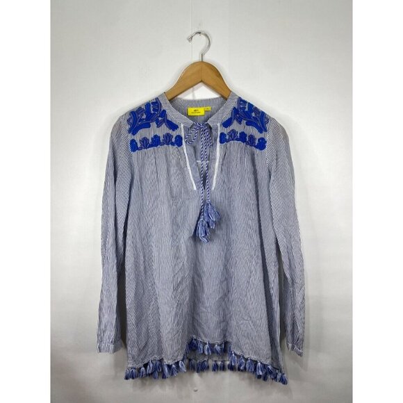 Roller Rabbit Size XS Blue Striped Tassel Tunic Top Long Sleeve 100% Linen GUC - Picture 1 of 10